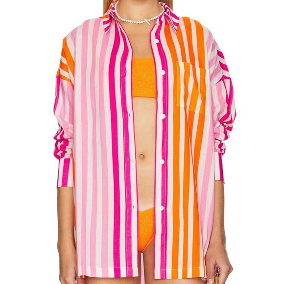 Beach Riot Alexa Top NWOT Sunset Stripe L White Pink Orange Cotton Cover Up - Picture 1 of 13